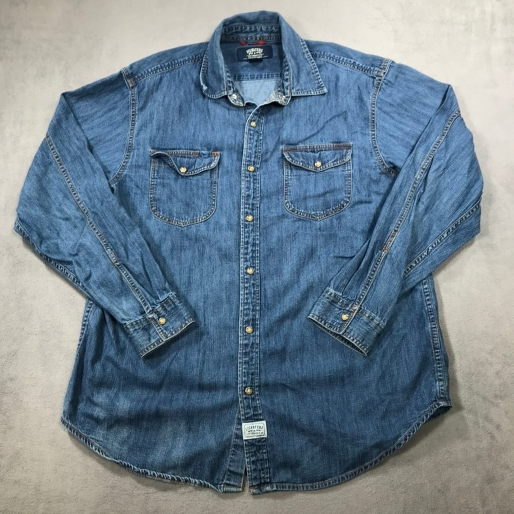 Vintage Signature Levi Strauss Denim Shirt Mens L Blue Long Sleeve Snap Front